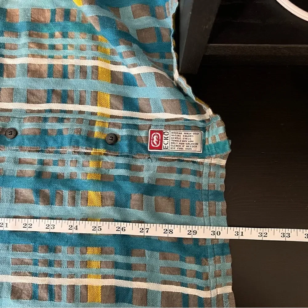 Ecko Unltd Shirt Mens XL Blue Plaid Button Up Short Sleeve Pockets Outdoor Logo
